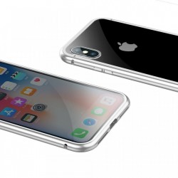 Husa de protectie hibrida din sticla transparenta si rama magnetica, Baseus Magnetite , iPhone XS Max, contur argintiu