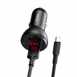 Incarcator auto Baseus 2x USB 45 W 5 A Quick Charge 3.0 Huawei SCP cu display LED + cablu USB Type C gray (TZCCBX-B0G)