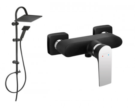 Set de dus FERRO Square BLACK baterie dus si Set bara dus cu suport culisant, dus fix si para dus mobila Squerto, Negru / Mat