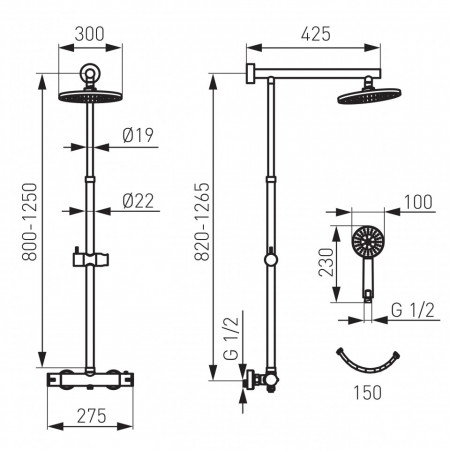 Set 2 in 1 Trevi: TRV7 baterie perete dus termostatata cu set bara dus cu suport culisant, dus fix si para dus mobila, crom - NP75-TRV7U