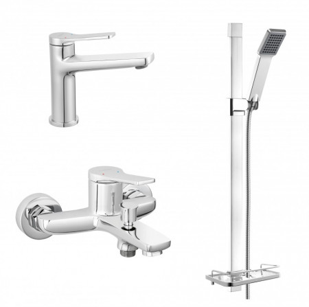 Set FERRO STRATOS 3in1 Baterie stativa lavoar + Baterie perete cada/dus + Set dus cu para dus 1 functie, ploaie, crom