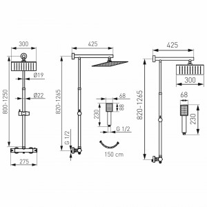 Set 2 in 1 Trevi Square : TRV7 baterie perete dus termostatata cu set bara dus cu suport culisant, dus fix si para dus mobila, crom