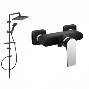 Set de dus FERRO Square BLACK baterie dus si Set bara dus cu suport culisant, dus fix, para dus mobila si polita Squerto Lux, negru