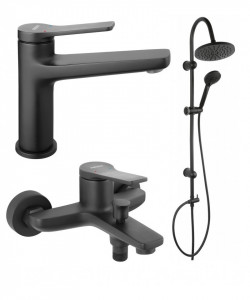 Pachet 3 in 1 Stratos - Baterie cada dus Negru Mat, baterie lavoar si set bara dus rotund Negru Mat,