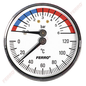 Termomanometru D.63 mm 1/2" axial, 0-6 bari, 120°C