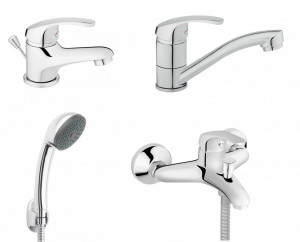 Set FERRO BASIC 4in1 Baterie perete cada/dus + Set para dus + Baterie stativa bucatarie cu pipa mobila 15 cm, + Baterie stativa lavoar cu ventil, crom