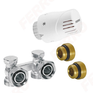 Set robinet radiator termostatic dublu coltar 3/4 + cap termostatat GT10 alim. din perete