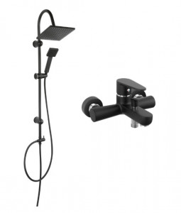 Coloana de dus Ferro Algeo, cu baterie cada / dus, set bara dus, culisant, dus fix, para dus mobila, negru mat