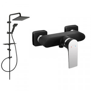 Set de dus FERRO Square BLACK baterie dus si Set bara dus cu suport culisant, dus fix, para dus mobila si polita Squerto Lux, negru