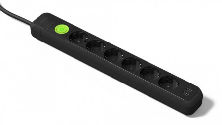 Prelungitor 6 prize schuko 230V 16A cablu 3X1,5mmp 1,5m cu intrerupator luminos si 2USB protectie la supratensiune negru