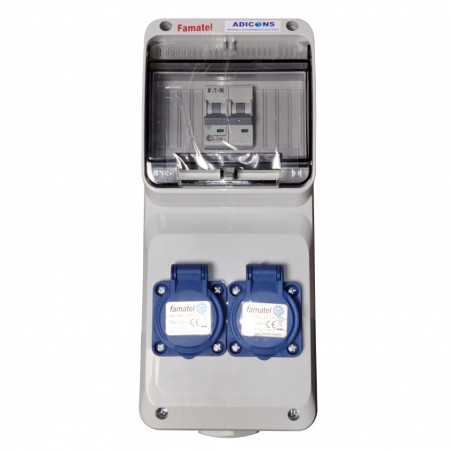 Tablou electric Famatel echipat cu 2 prize monofazate schuko 16A, 6L IP54 cu aparataj automat Eaton