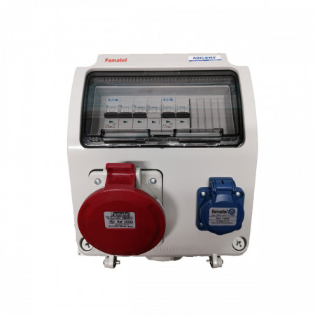 Tablou electric Famatel echipat cu o priza trifazata 5P 32A + o priza monofazata schuko 16A, 9L IP44 cu aparataj automat Eaton