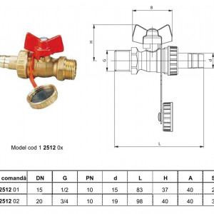 Robinet cu sferă pt.golire Herz cu racord portfurtun cu piuliţă olandeză 1/2 şi capac cu garnitură de cauciuc pentru închidere DN 15 cod 1 2512 01