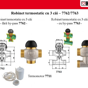 Robinet cu ventil termostatic Herz cu trei căi, cu teu de legătură pe bypas DN15 (filet 3/4'') 1 7763 51 kvs=2.5