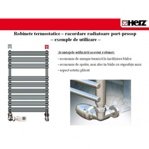 Set termostatic Herz Armaturen alcatuit din robinet cu ventil termostatic in 3 axe (CD), filet exterior, cap termostatic Projekt si conectori ( pentru teava de CU de 15 sau PexAl de 16)