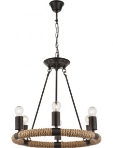 Pendul metal negru cu funie de canepa maro, 6 becuri, dulie E27, Globo 69029-6
