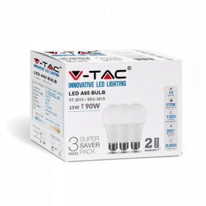 Set 3 becuri led E27, 15W(90W), lumina calda(2700K), 1350 lm, A+, V-TAC