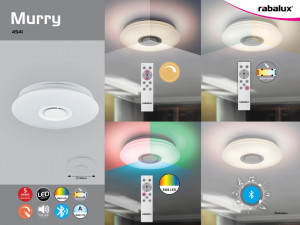 Plafoniera smart LED RGB Murry cu difuzor, dimmer si telecomanda, 24W, 1440lm, IP20, reglabila 3000-6000K, alba, Rabalux