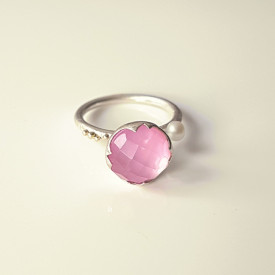 sterling silver ring with 14k gold granulation and sidef, pink sapphire, quartz and white culture pearl