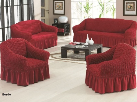 Set huse elastice si creponate pentru canapea 3 locuri, canapea 2 locuri si 2 fotolii, cu volanas, Bordo