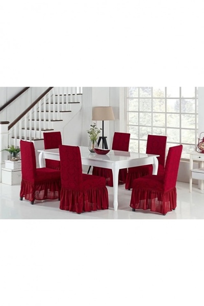 Set 6 huse Multielastice Jacquard pentru scaune, cu volanas, Bordo