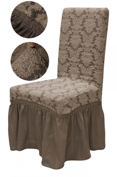 Set 6 huse Multielastice Jacquard pentru scaune, cu volanas, Maro Deschis