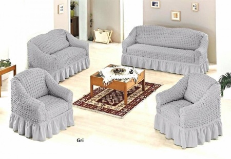Set huse elastice si creponate pentru canapea 3 locuri, canapea 2 locuri si 2 fotolii, cu volanas, Gri