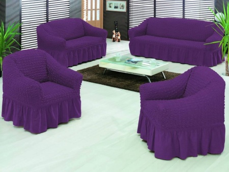 Set huse elastice si creponate pentru canapea 3 locuri, canapea 2 locuri si 1 fotoliu, cu volanas, Mov
