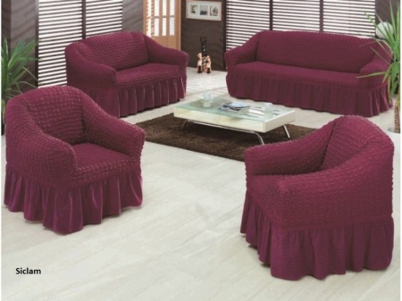 Set huse elastice si creponate pentru canapea 3 locuri, canapea 2 locuri si 1 fotoliu, cu volanas, Siclam