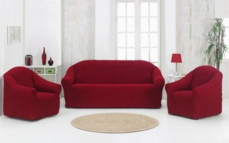 Set huse elastice si creponate pentru canapea 3 locuri, canapea 2 locuri si 2 fotolii, fara volanas, bordo