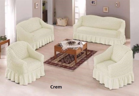 Set huse elastice si creponate pentru canapea 3 locuri, canapea 2 locuri si 2 fotolii, cu volanas, Crem