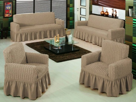 Set huse elastice si creponate pentru canapea 3 locuri, canapea 2 locuri si 2 fotolii, cu volanas, Bej cacao cu lapte