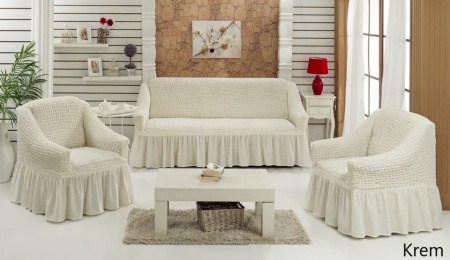 Set huse elastice si creponate pentru canapea 3 locuri si 2 fotolii, cu volanas, culoare Crem