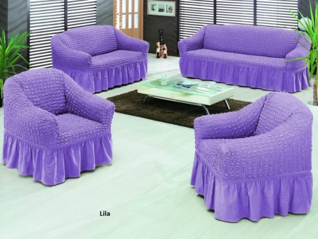 Set huse elastice si creponate pentru canapea 3 locuri, canapea 2 locuri si 1 fotoliu, cu volanas, Lila
