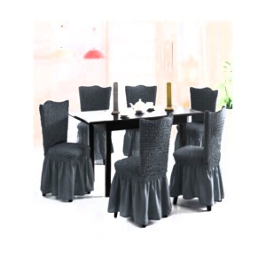 Set 6 huse scaune creponate si elastice (cu volanase) - Cenusiu