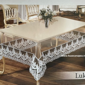 Fata de masa din silicon transparent impermeabil, cu dantela gri, 160x220 cm, Lukka
