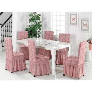 Set 6 huse Multielastice Jacquard pentru scaune, cu volanas, Roz