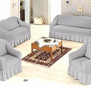 Set huse elastice si creponate pentru canapea 3 locuri, canapea 2 locuri si 1 fotoliu, cu volanas, Gri