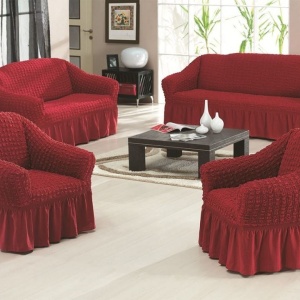 Set huse elastice si creponate pentru canapea 3 locuri, canapea 2 locuri si 2 fotolii, cu volanas, Bordo