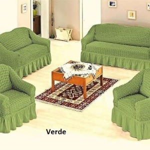 Set huse elastice si creponate pentru canapea 3 locuri, canapea 2 locuri si 2 fotolii, cu volanas, Verde