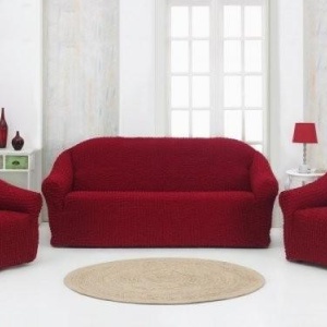 Set huse elastice si creponate pentru canapea 3 locuri, canapea 2 locuri si 1 fotoliu, fara volanas, Bordo