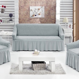 Set huse elastice si creponate pentru canapea 3 locuri si 2 fotolii, cu volanas, culoare Gri