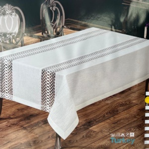 Fata de masa din in cu broderie, 160 x 220 cm, culoare crem, Tuba