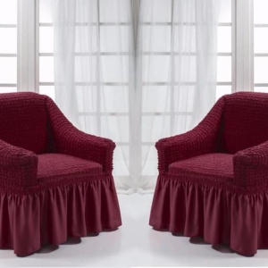 Set 2 huse elastice si creponate pentru fotolii, cu volanas, culoare Bordo