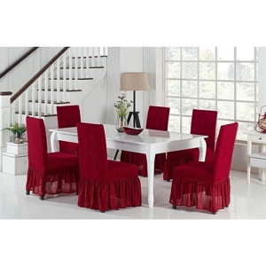 Set 6 huse Multielastice Jacquard pentru scaune, cu volanas, Bordo