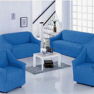 Set huse elastice si creponate pentru canapea 3 locuri, canapea 2 locuri si 2 fotolii, fara volanas, albastru