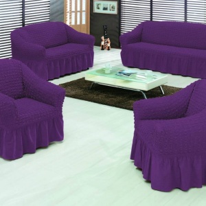 Set huse elastice si creponate pentru canapea 3 locuri, canapea 2 locuri si 2 fotolii, cu volanas, Mov