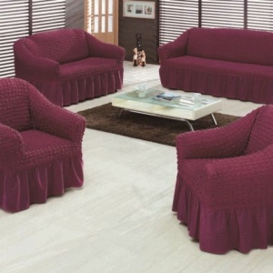 Set huse elastice si creponate pentru canapea 3 locuri, canapea 2 locuri si 1 fotoliu, cu volanas, Siclam