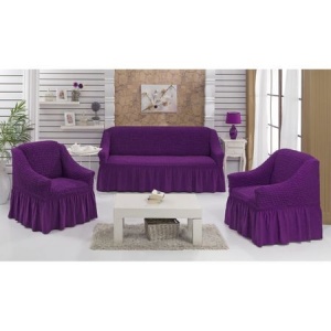 Set huse elastice si creponate pentru canapea 3 locuri si 2 fotolii, cu volanas, culoare Mov