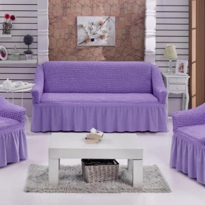 Set huse elastice si creponate pentru canapea 3 locuri si 2 fotolii, cu volanas, culoare Lila
